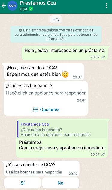 WhatsApp Préstamos Oca